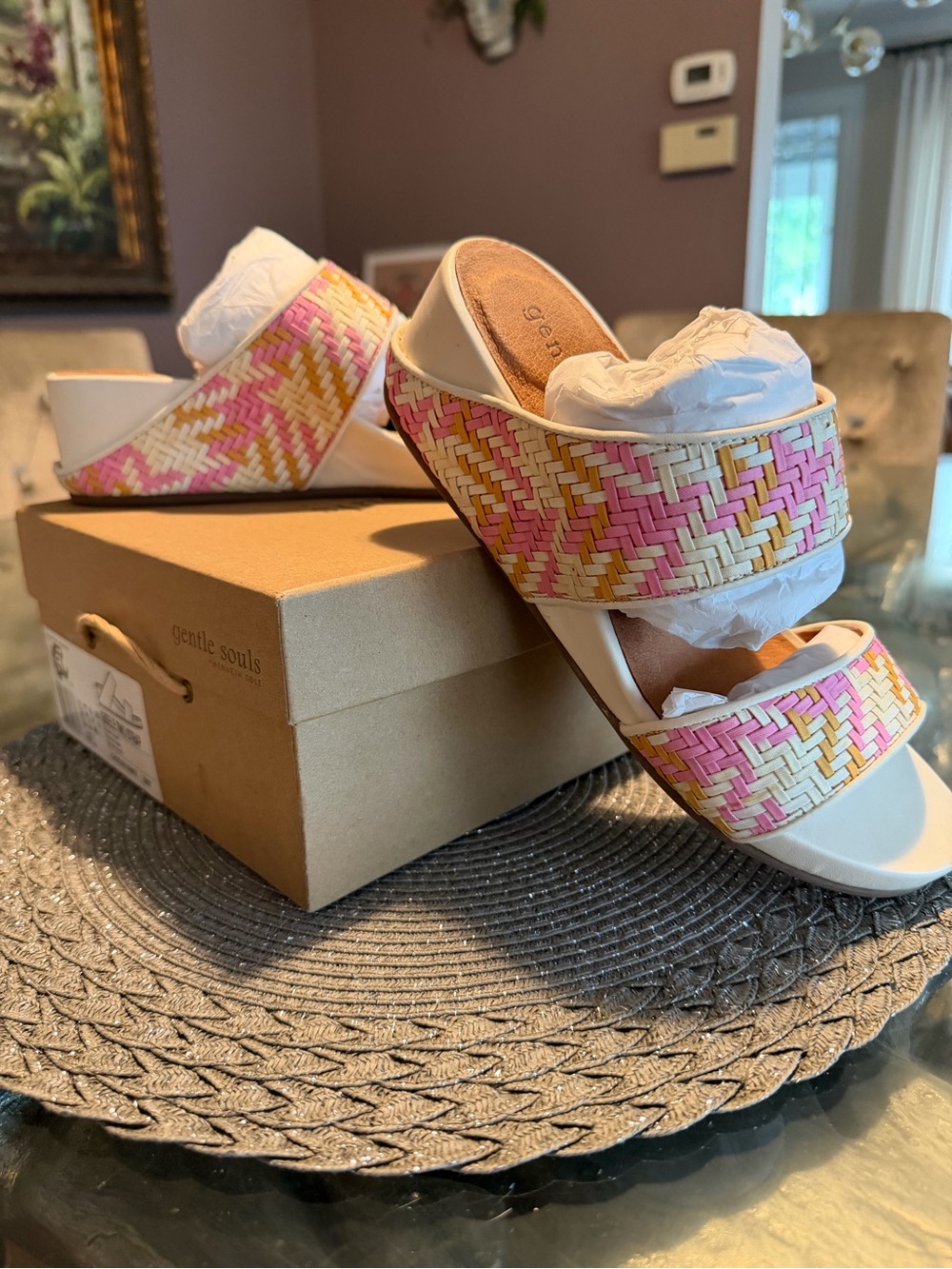 Gentle Souls by Kenneth Cole: Pink, Yellow & Cream Woven Platform Slide Sandals